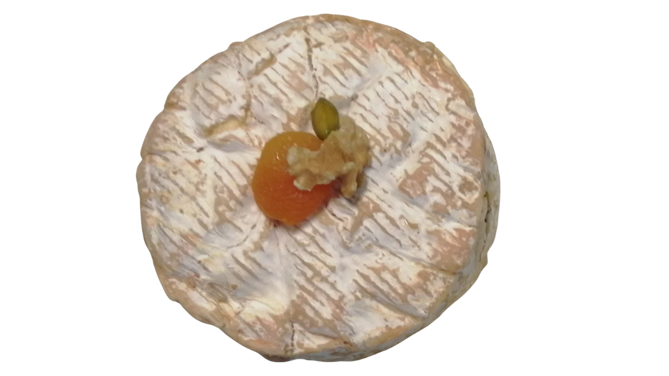 Camembert de Normandie au lait cru aux mendiants (abricots secs, noix, pistaches, miel) et mascarpone